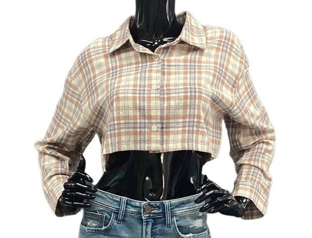 Plaid Crop Long Sleeve Boxy Button Down Shirt - Closet Space