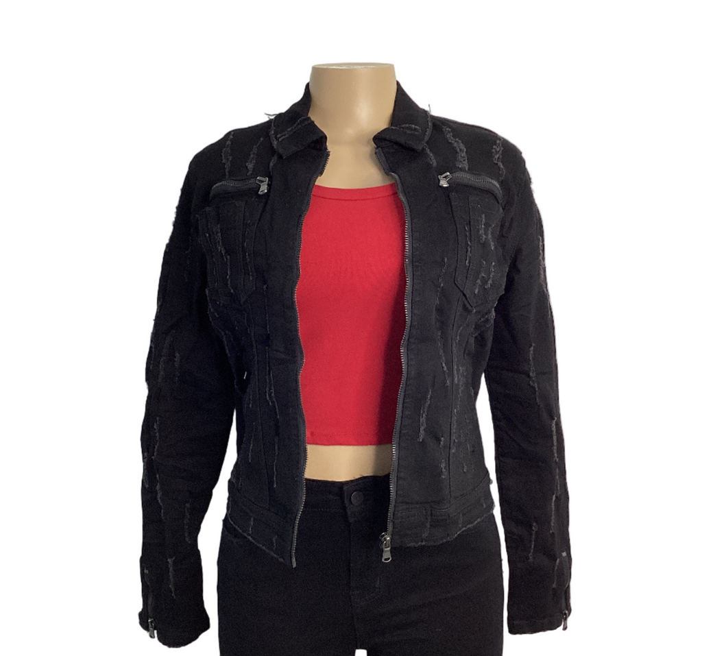 Zipper Detailed Distressed Denim Jacket