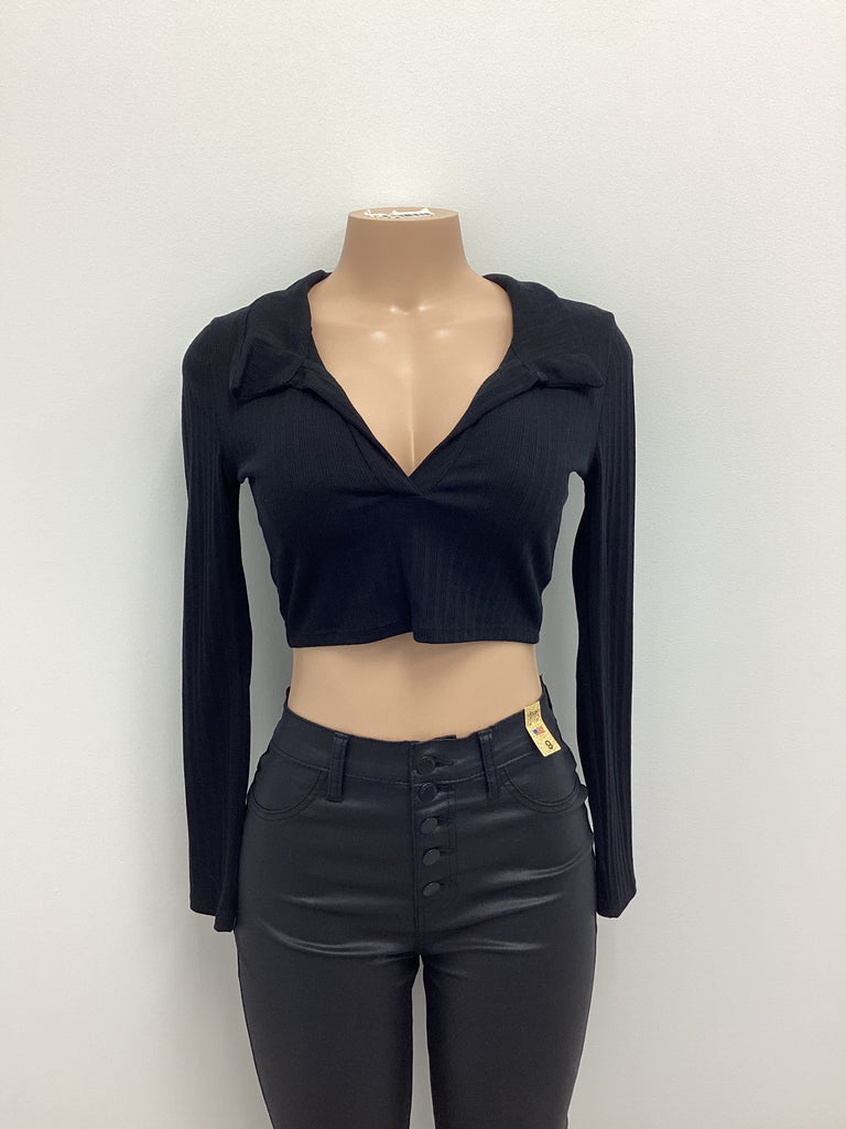 Ribbed Knit V Neck Collared Tie Back Crop - Closet Space