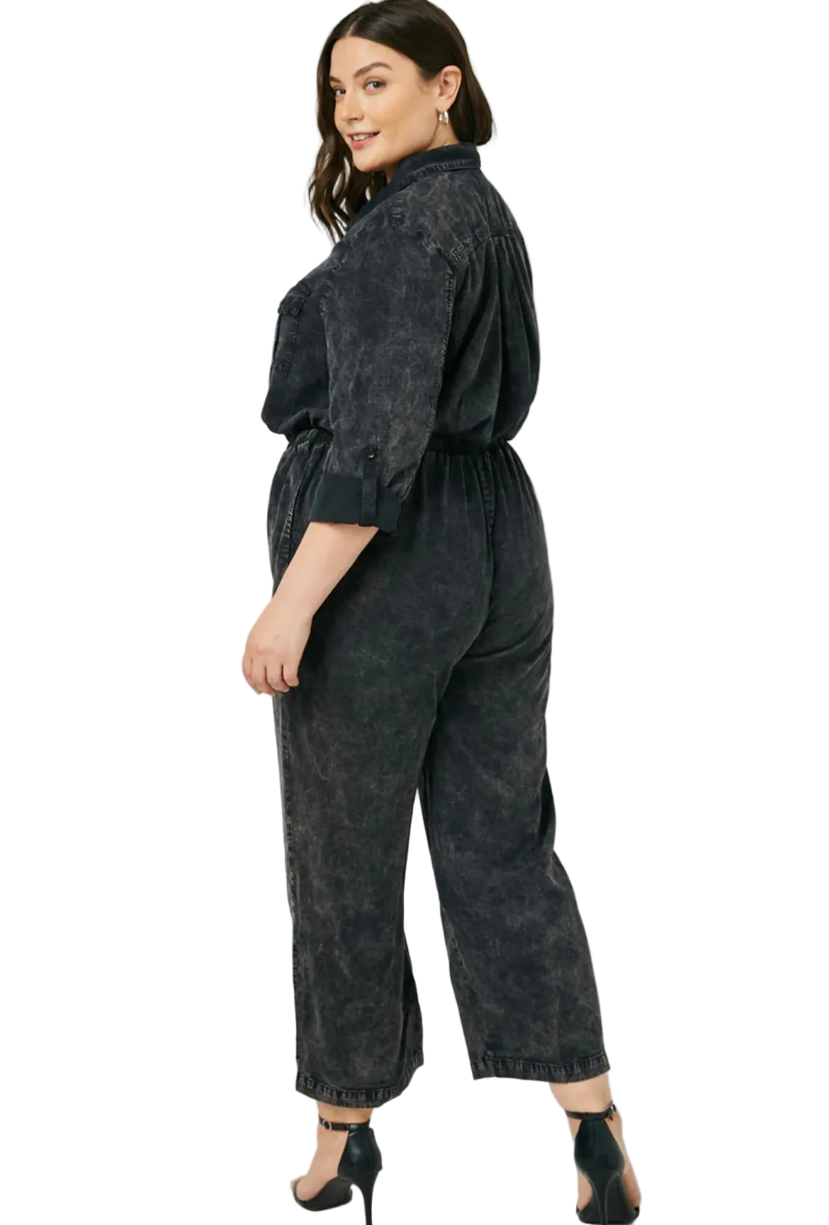 Curvy - Mineral Washed Button Down Jumpsuit