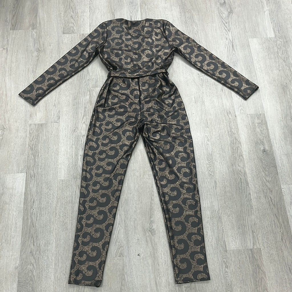 Curvy - Printed Deep V-neck Liquid Leather Jumpsuit - Closet Space