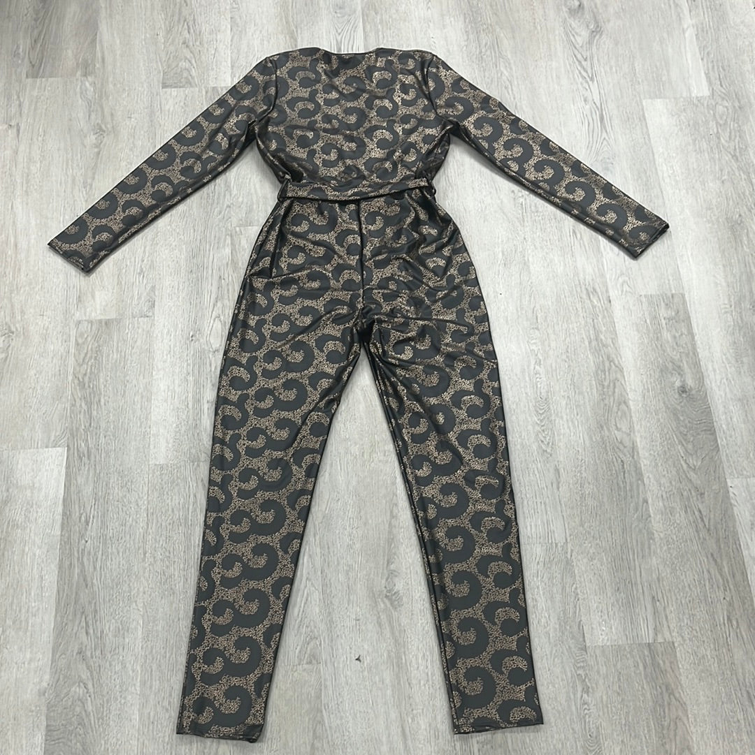 Curvy - Printed Deep V-neck Liquid Leather Jumpsuit - Closet Space