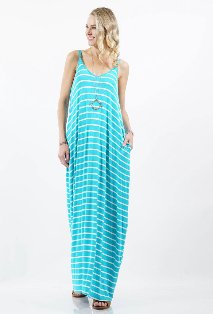 Striped V-Neck Cami Maxi Dress with Pockets - Closet Space