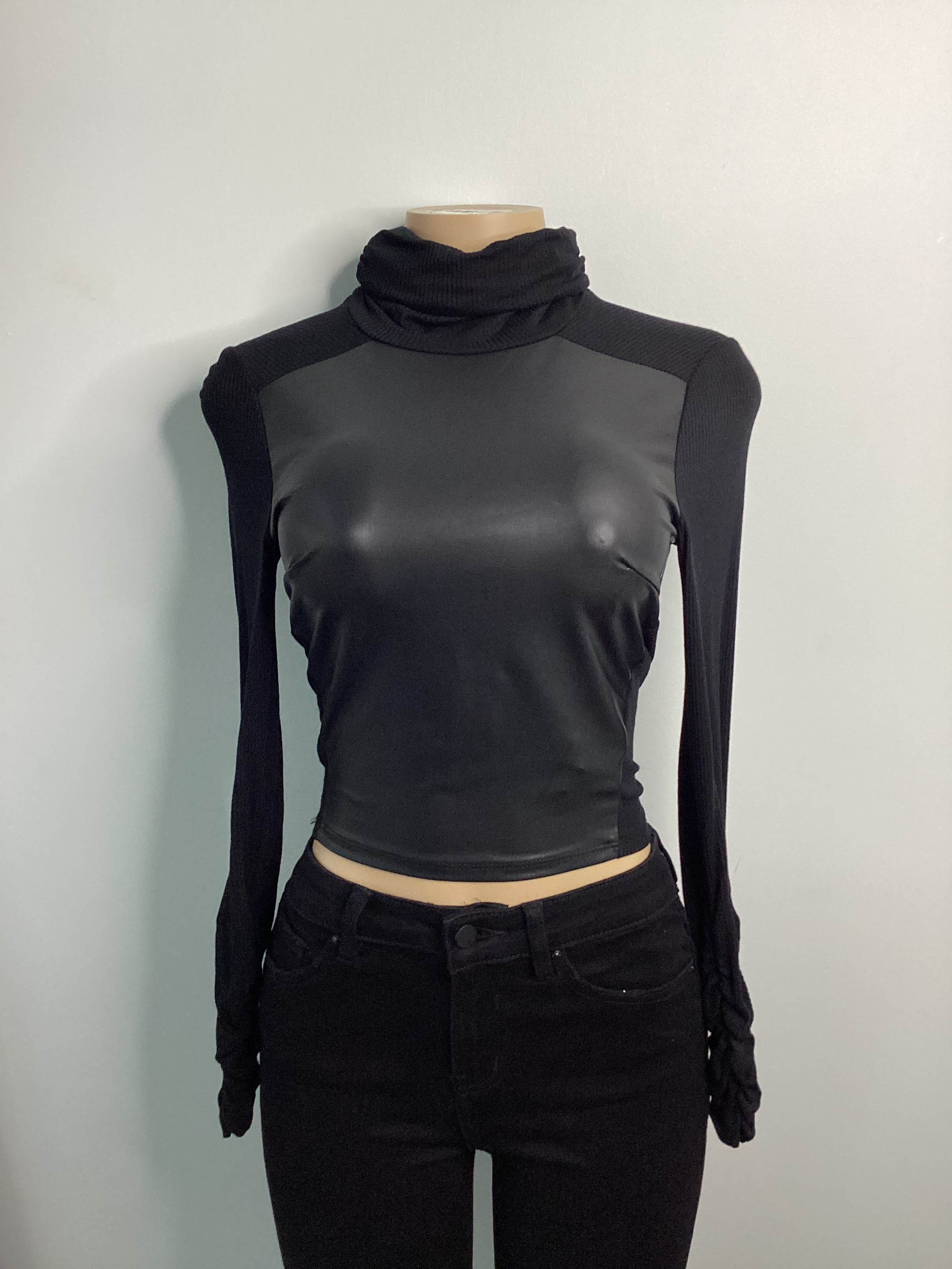 Ribbed Knit Stretch Liquid Leather Turtleneck - Closet Space