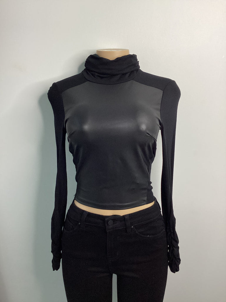 Ribbed Knit Stretch Liquid Leather Turtleneck - Closet Space
