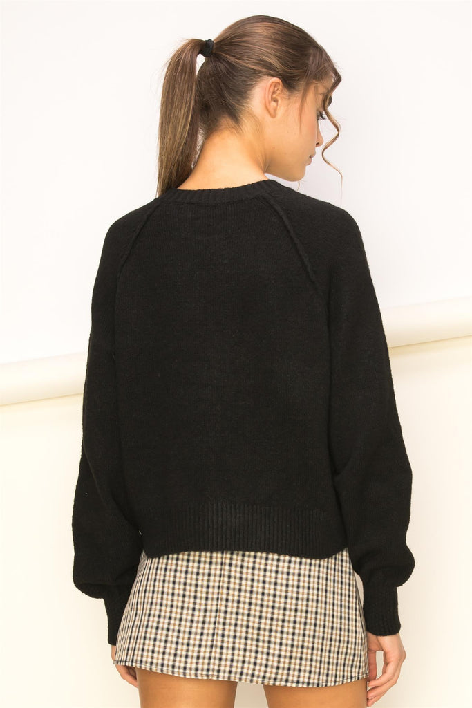 Ribbed Knit Crew Neck Long Dropped Shoulder Volume Sleeve Sweater - Closet Space