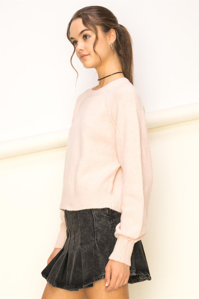 Ribbed Knit Crew Neck Long Dropped Shoulder Volume Sleeve Sweater - Closet Space