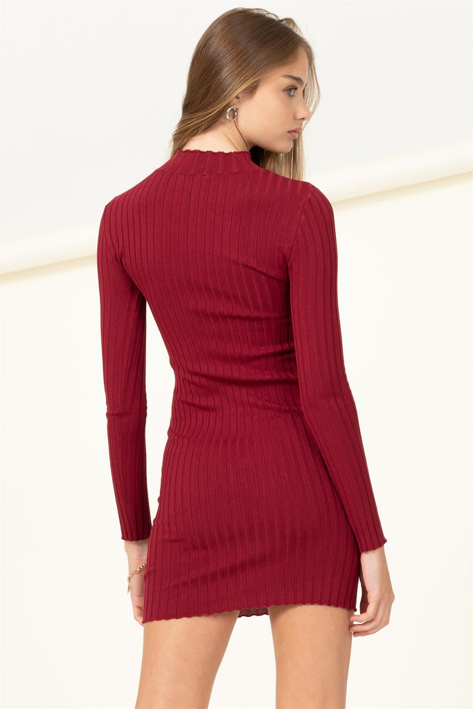 Mock Neck Ribbed Knit Mini Bodycon Dress - Closet Space