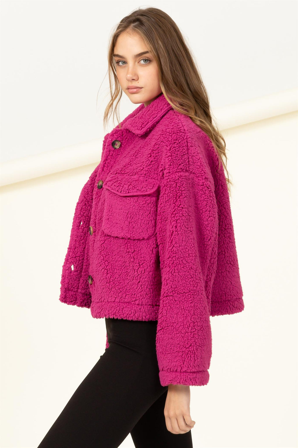 Button Front Boxy Sherpa Cropped Jacket - Closet Space