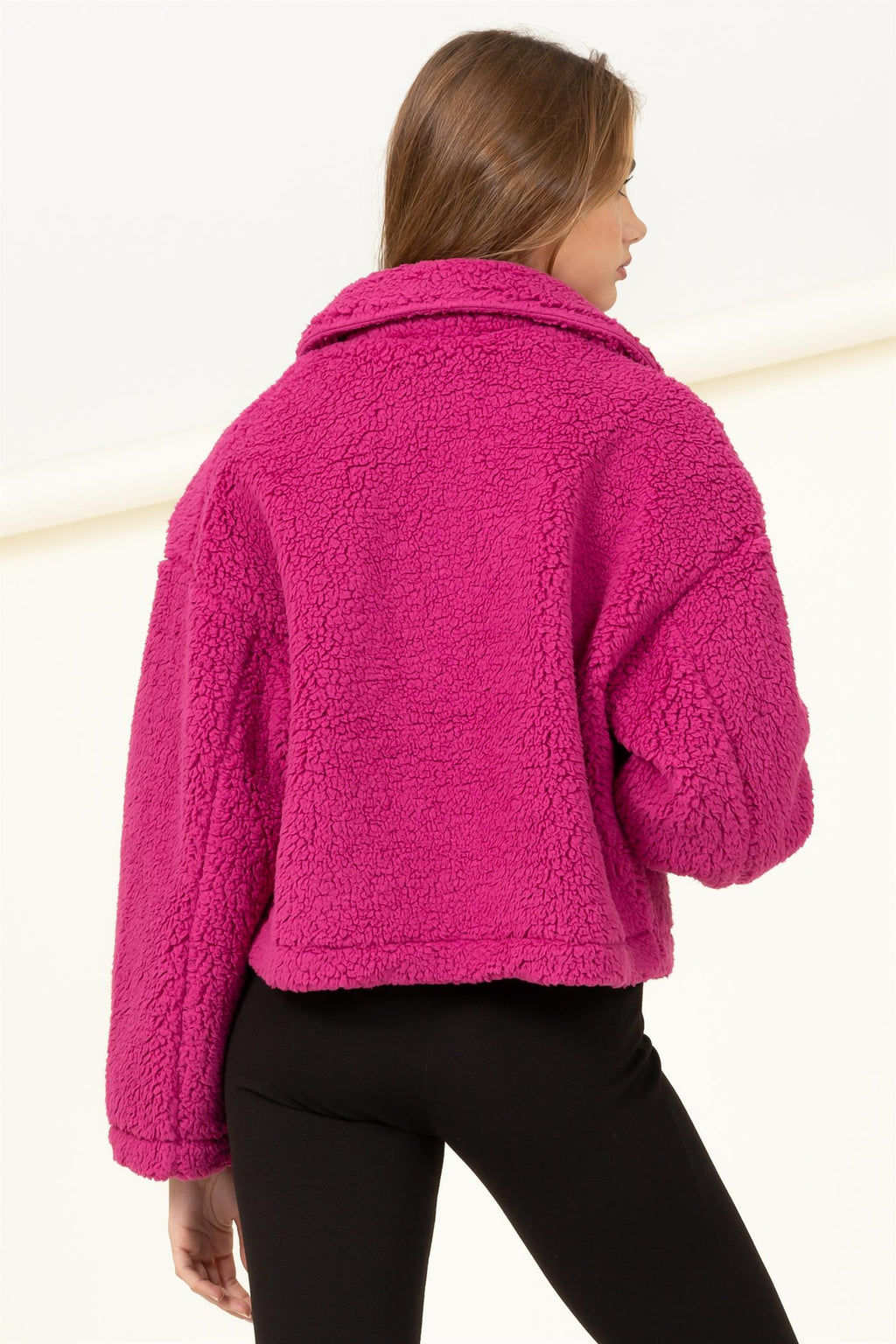 Button Front Boxy Sherpa Cropped Jacket - Closet Space