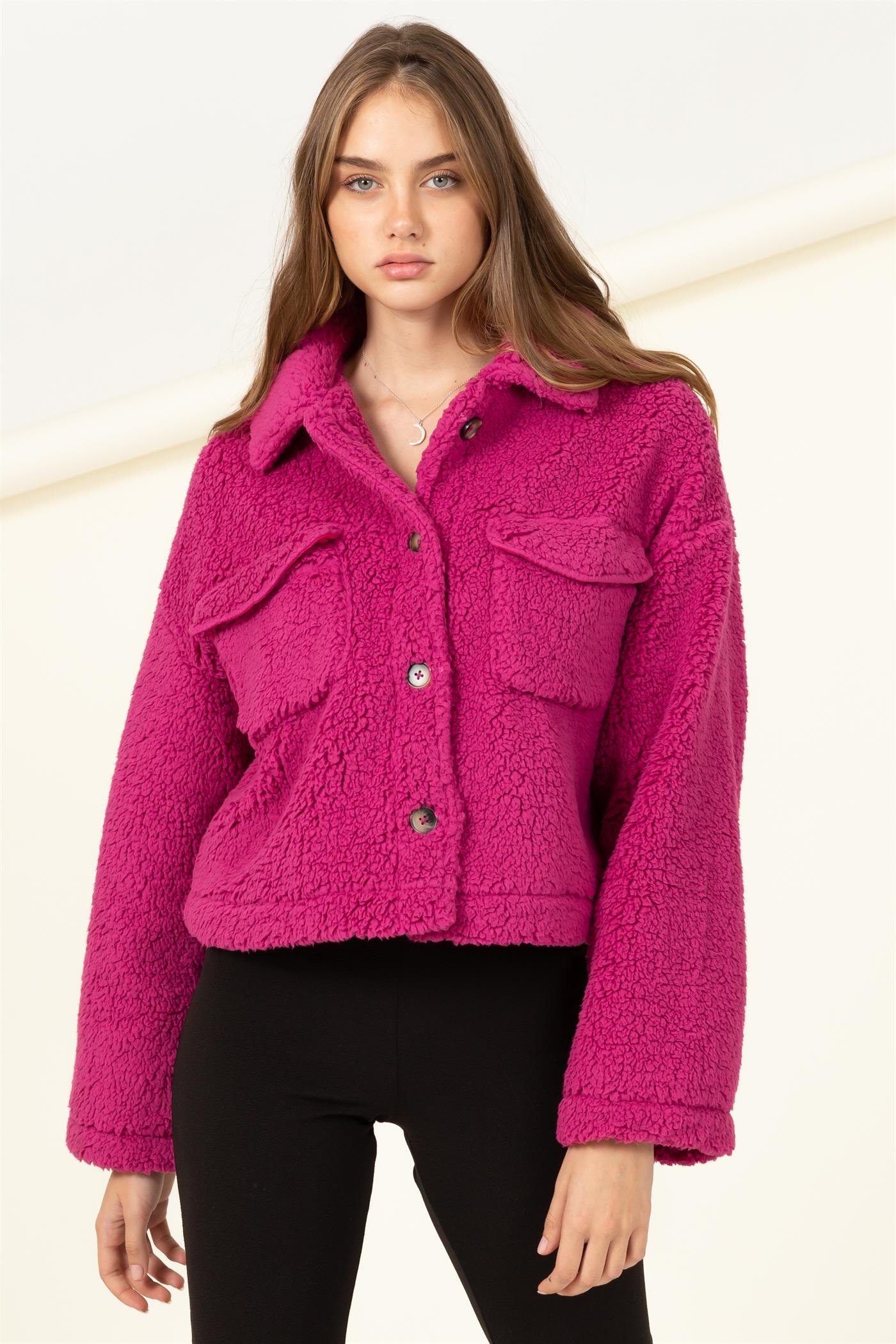 Button Front Boxy Sherpa Cropped Jacket - Closet Space
