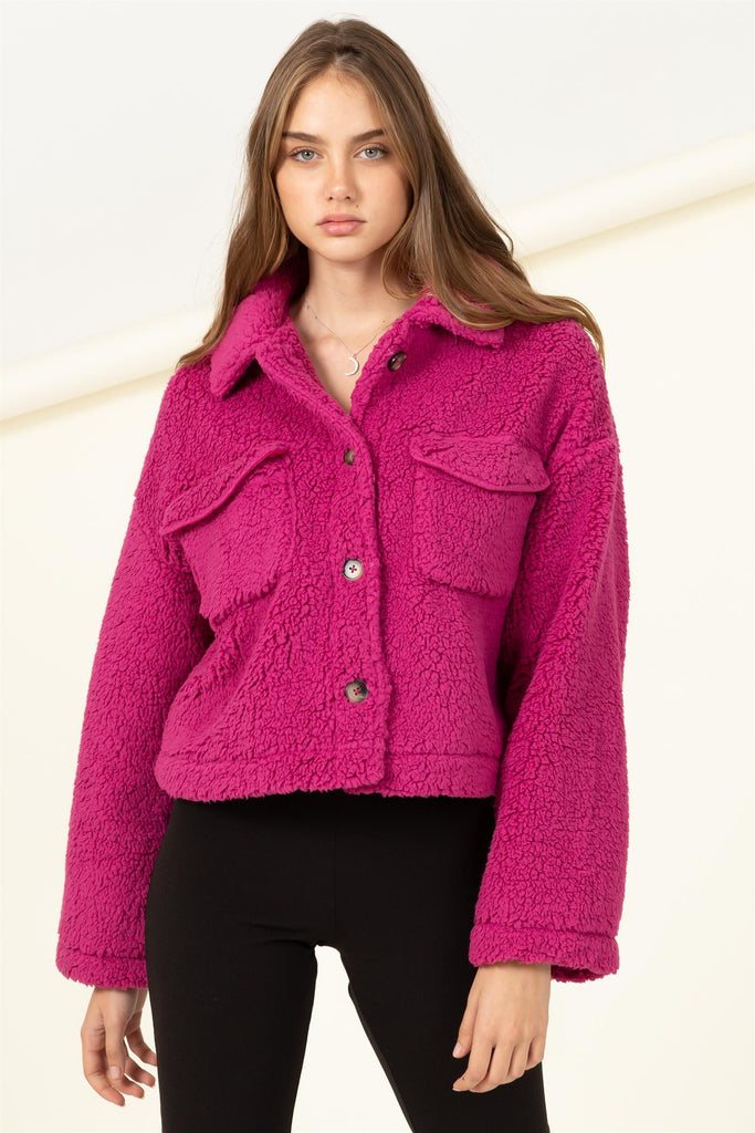 Button Front Boxy Sherpa Cropped Jacket - Closet Space