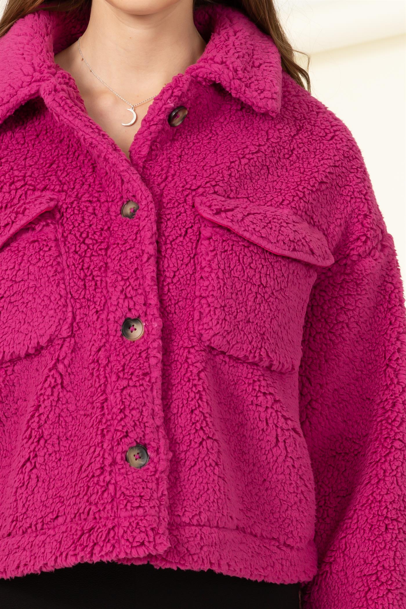 Button Front Boxy Sherpa Cropped Jacket - Closet Space