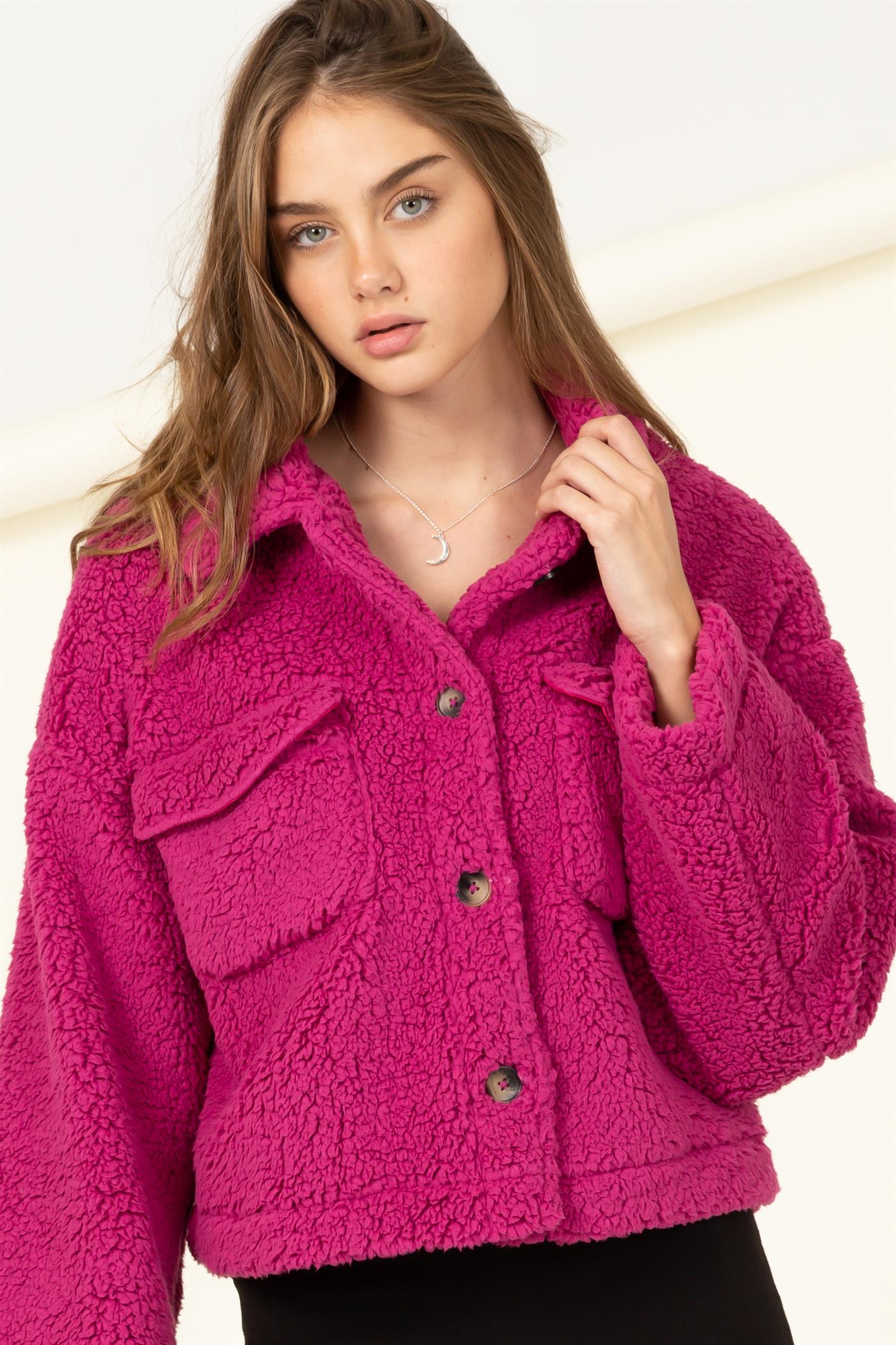 Button Front Boxy Sherpa Cropped Jacket - Closet Space