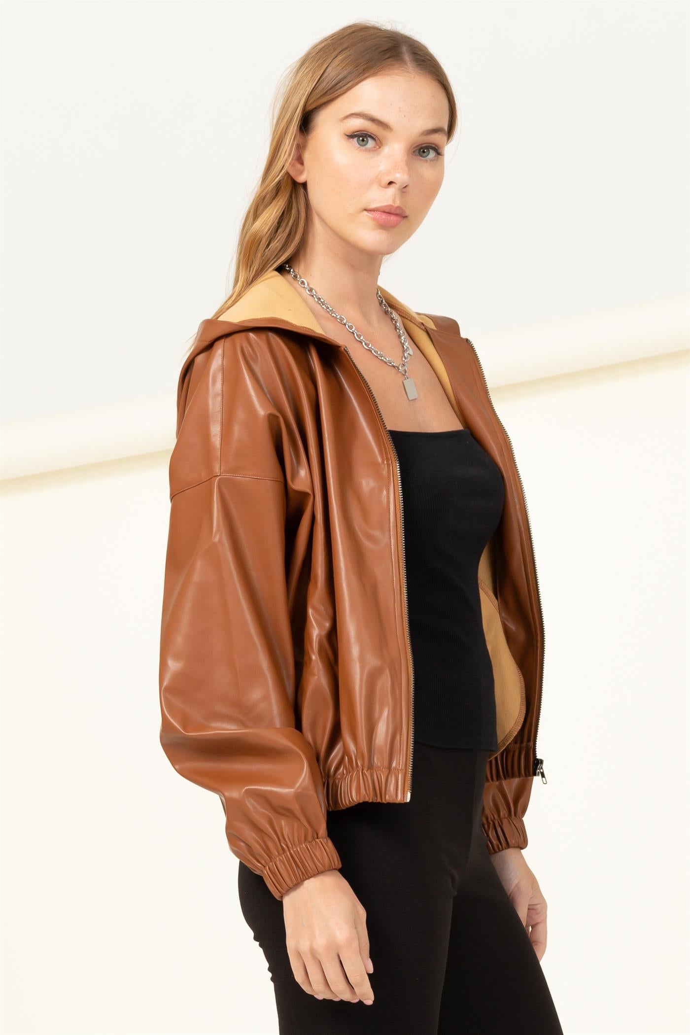 Faux Leather Hooded Bomber Jacket - Closet Space