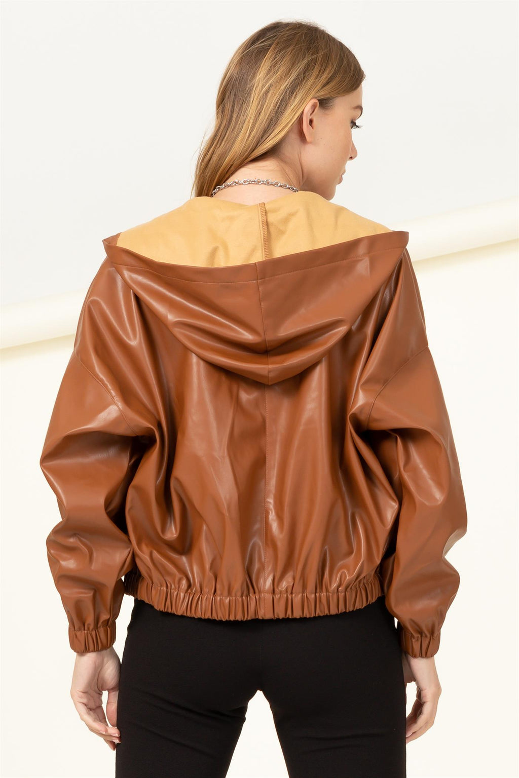 Faux Leather Hooded Bomber Jacket - Closet Space