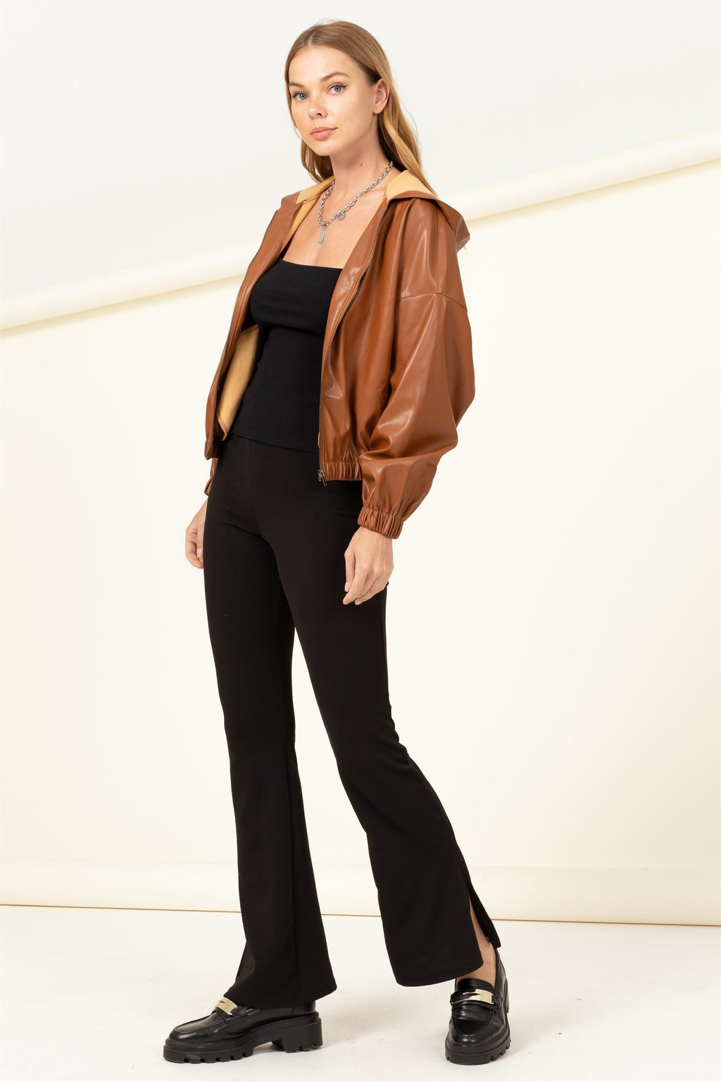 Faux Leather Hooded Bomber Jacket - Closet Space