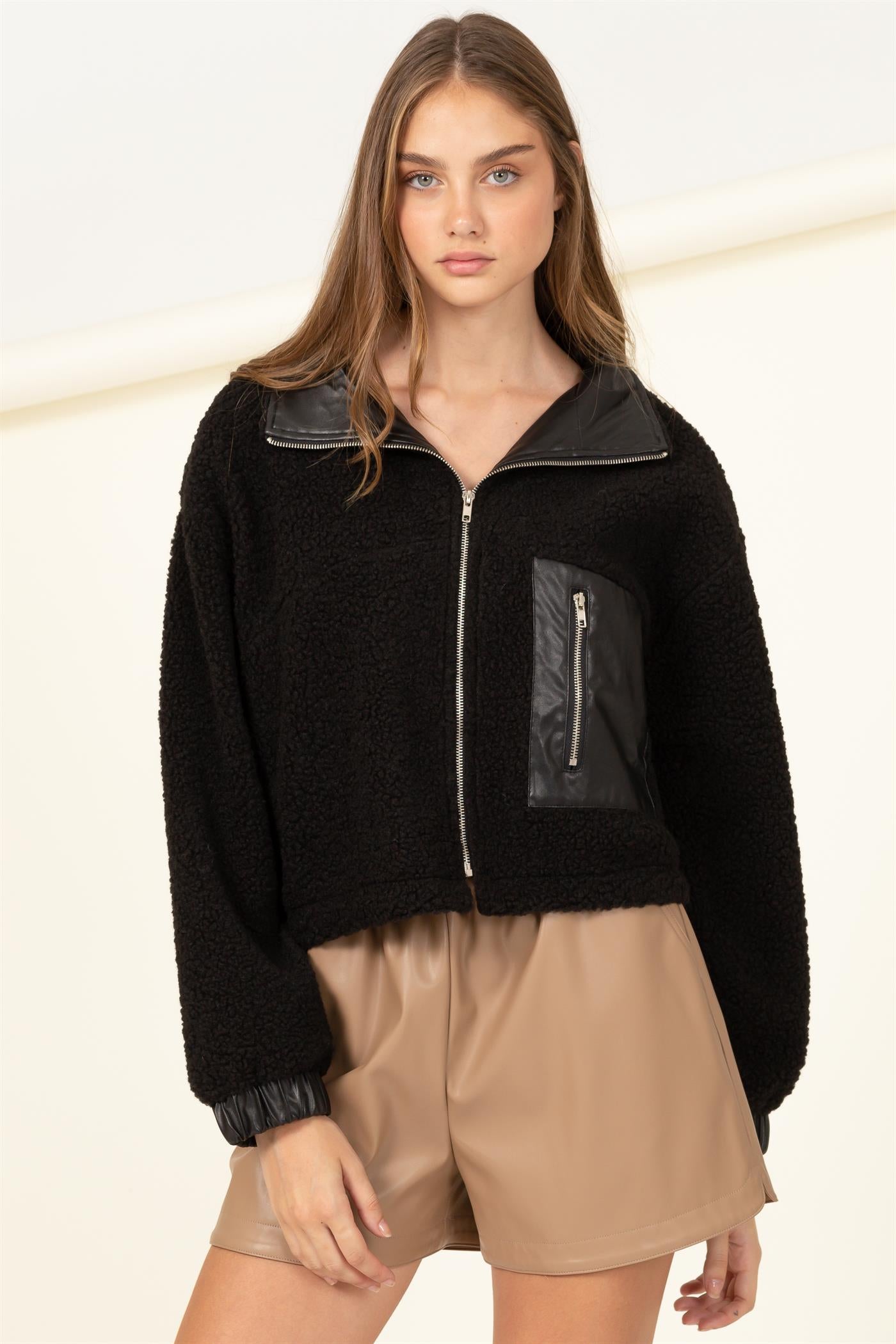 Zip Up Sherpa Shag Bomber Jacket - Closet Space