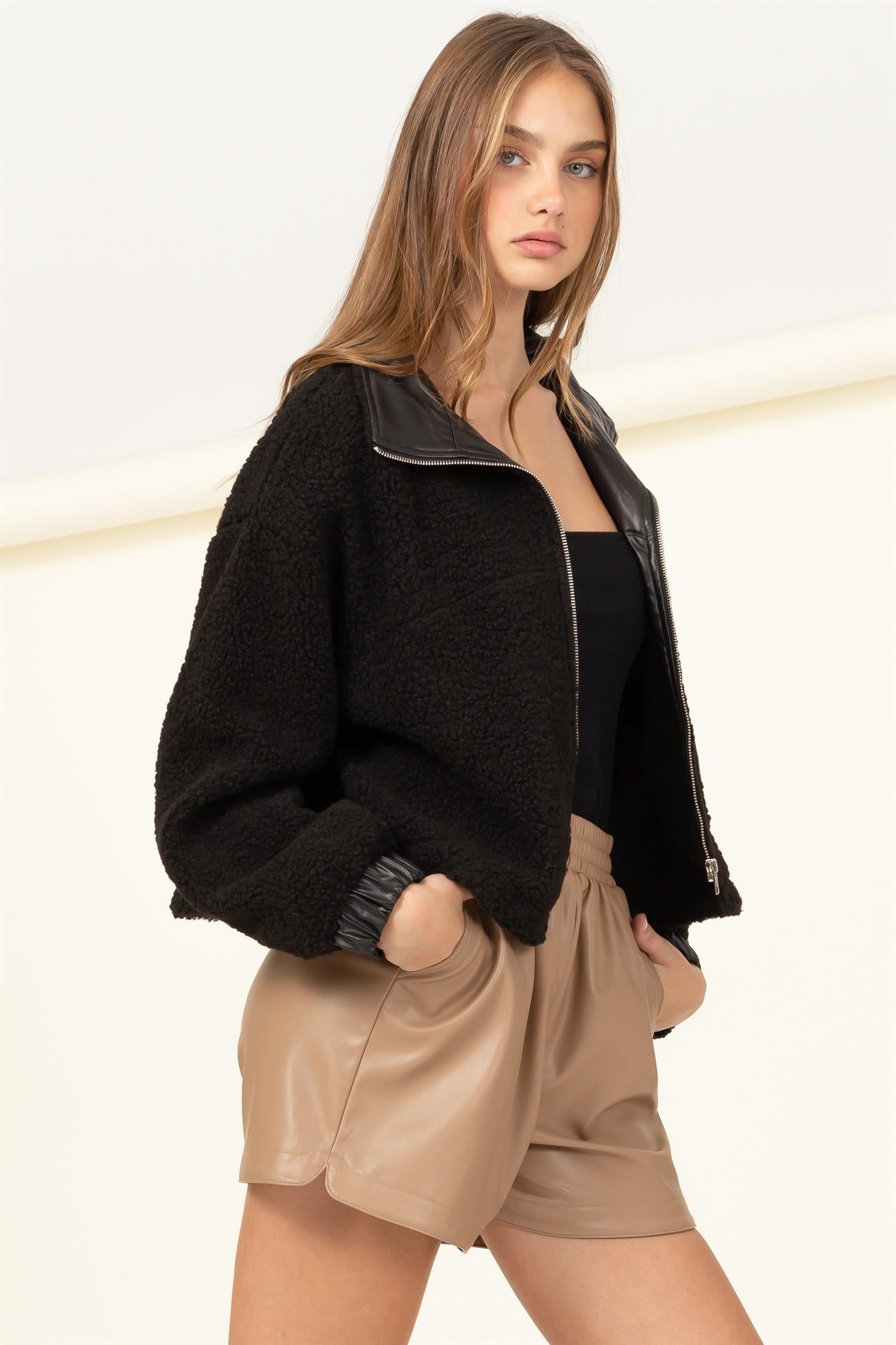Zip Up Sherpa Shag Bomber Jacket - Closet Space