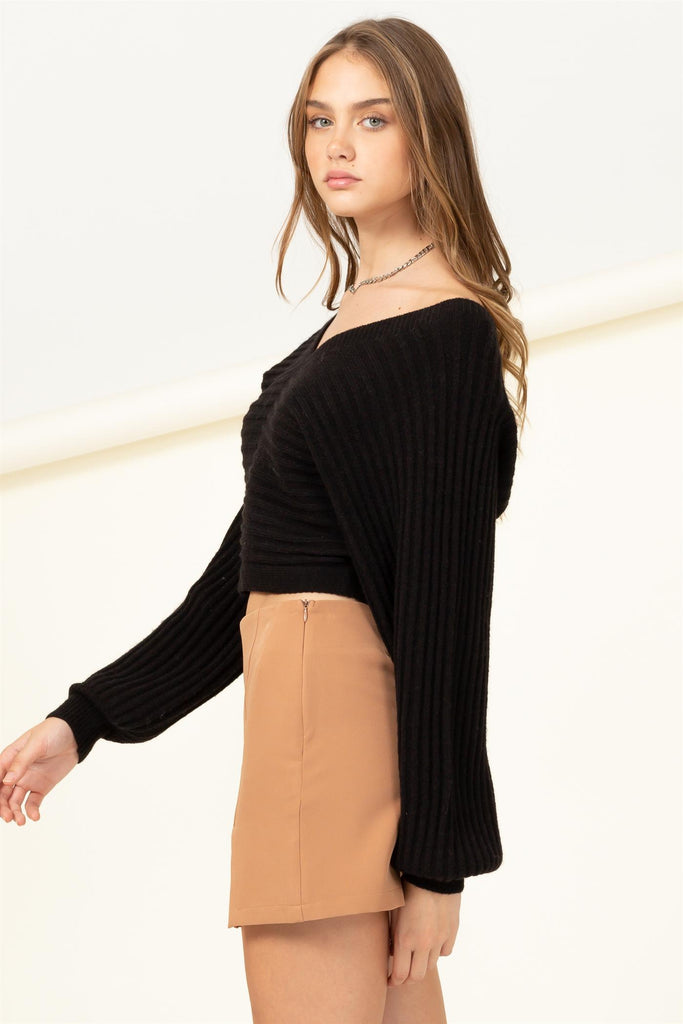 V-Neck Open Back Volume Sleeve Crop Sweater - Closet Space