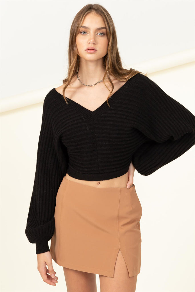 V-Neck Open Back Volume Sleeve Crop Sweater - Closet Space