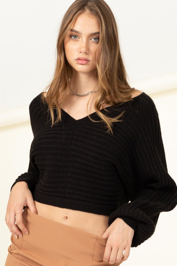 V-Neck Open Back Volume Sleeve Crop Sweater - Closet Space