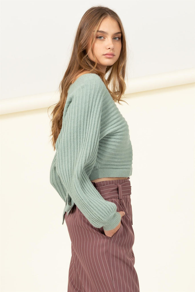 V-Neck Open Back Volume Sleeve Crop Sweater - Closet Space