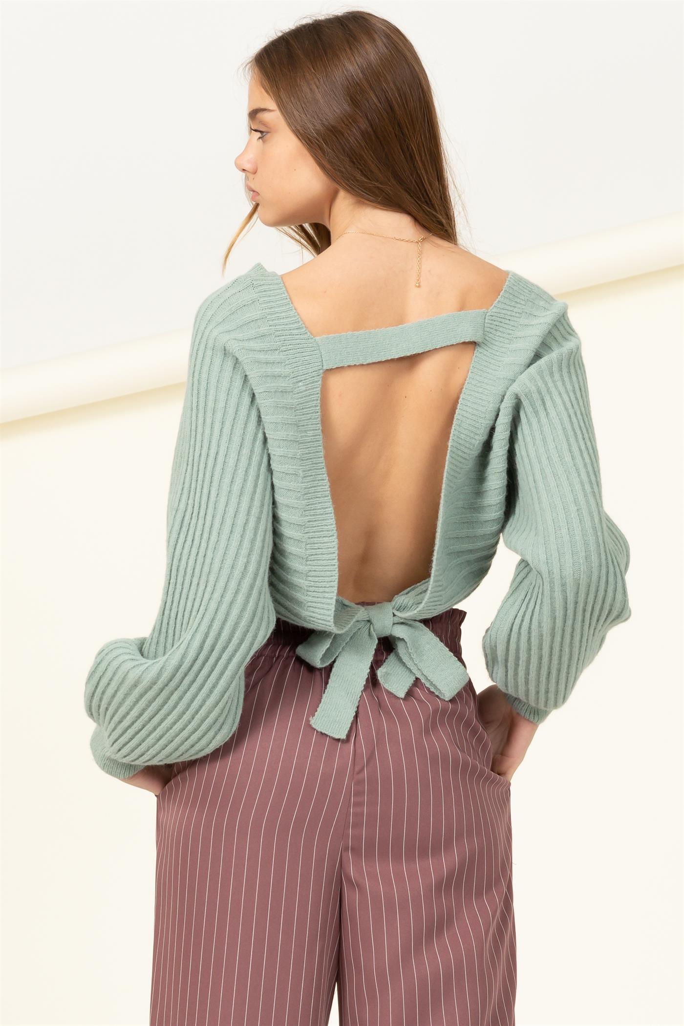 V-Neck Open Back Volume Sleeve Crop Sweater - Closet Space