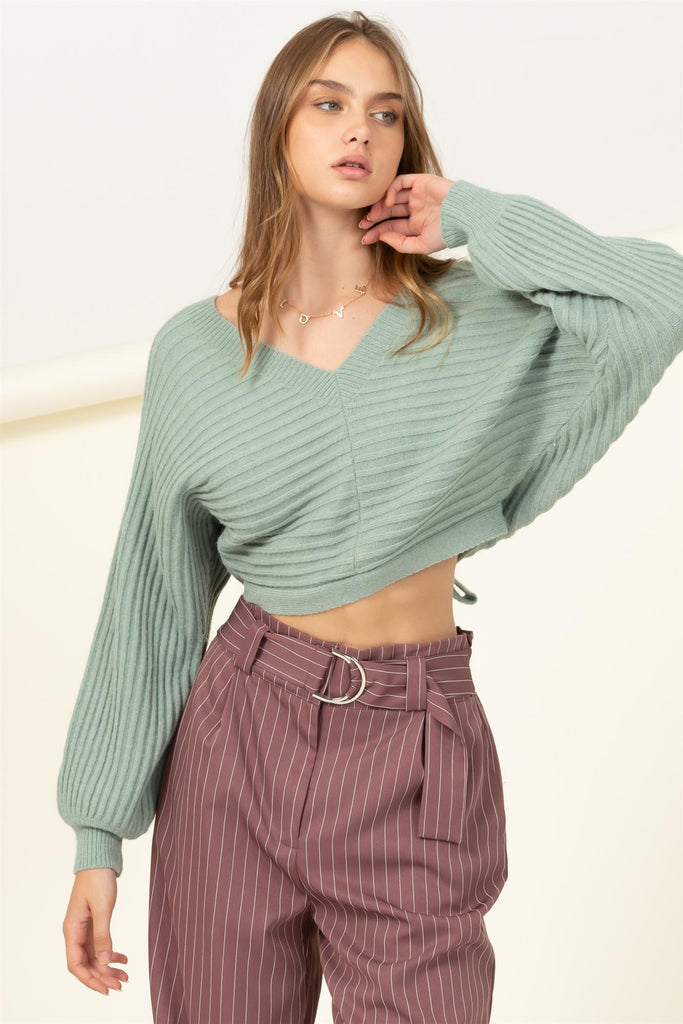 V-Neck Open Back Volume Sleeve Crop Sweater - Closet Space