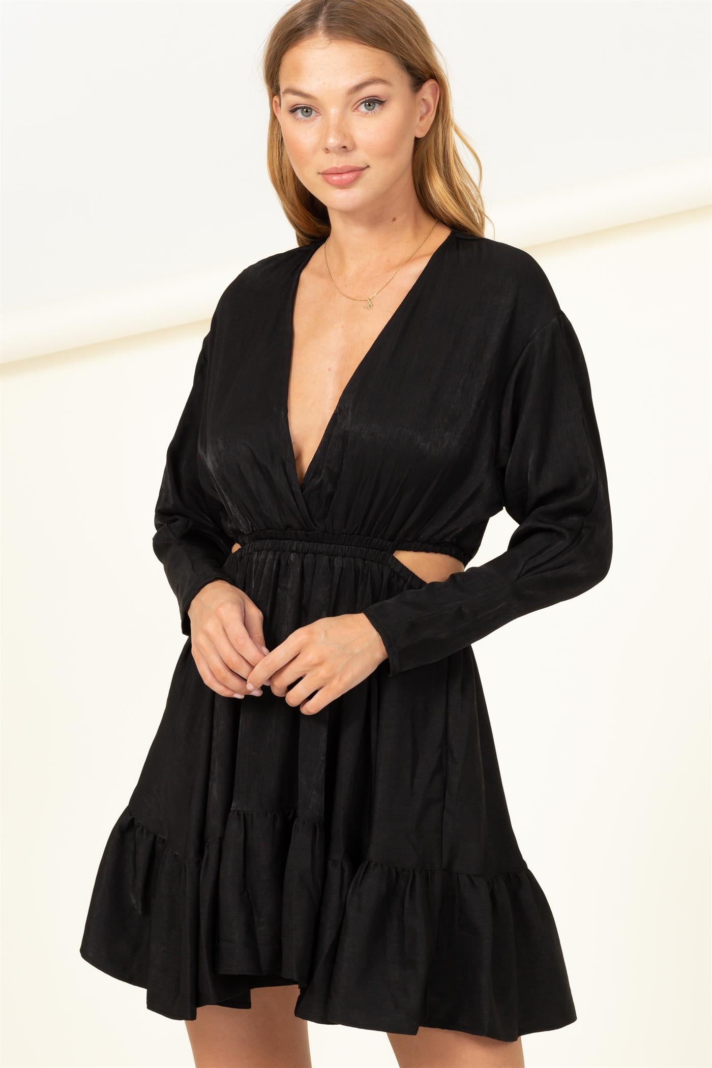 Side Peek A Boo Ruffle V Neck Dress - Closet Space
