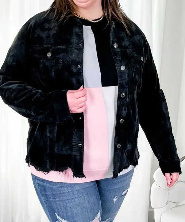 Curvy - Washed Button Front Tie Dye Corduroy Jacket - Closet Space