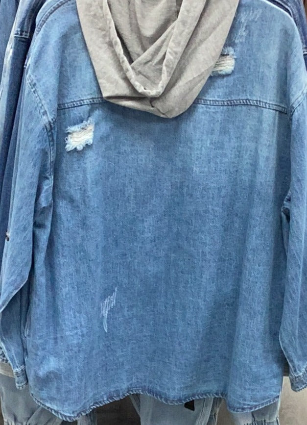 Curvy - Risen Hooded Distressed Denim Jacket - Closet Space