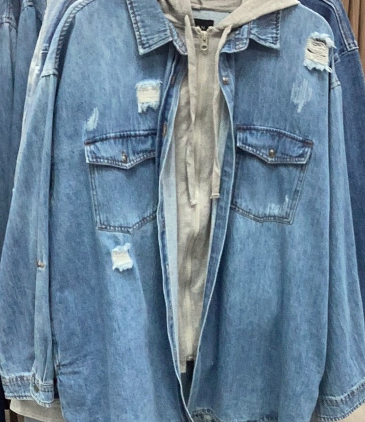 Curvy - Risen Hooded Distressed Denim Jacket - Closet Space