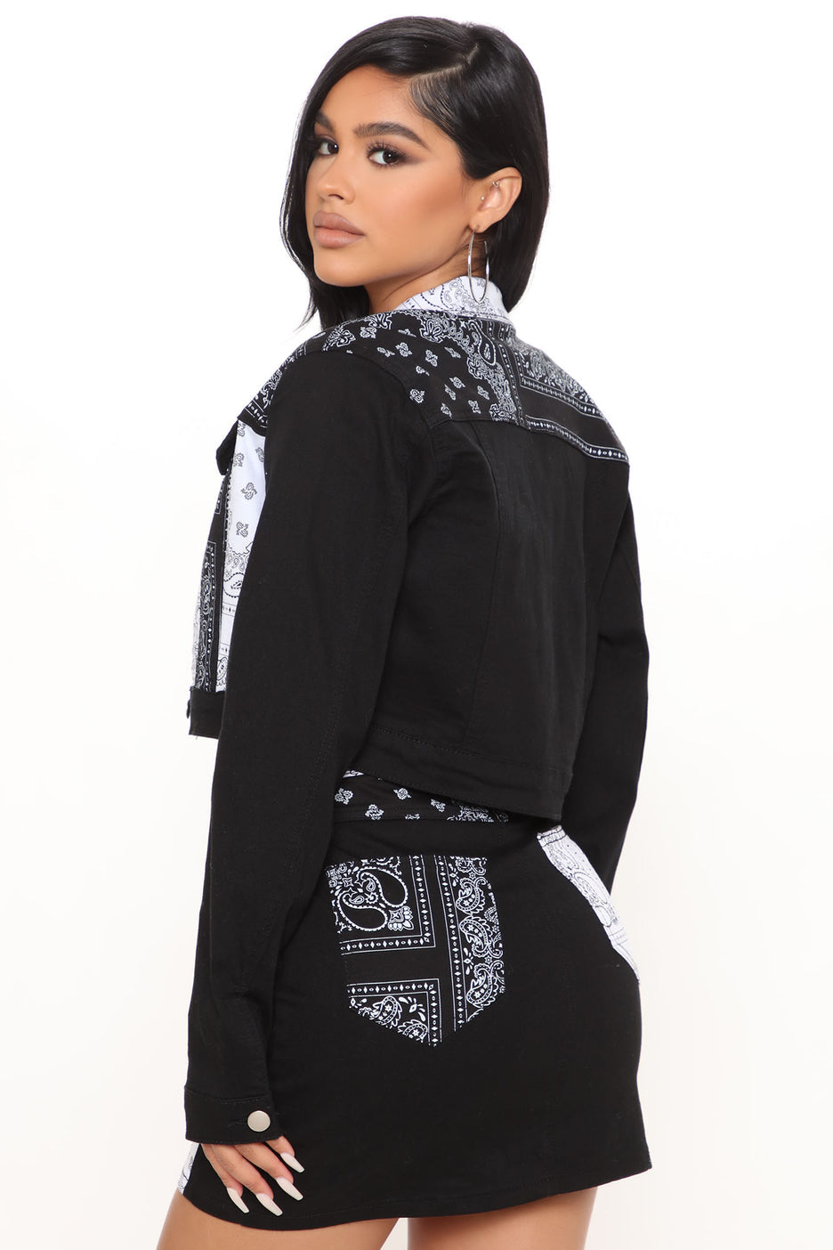 Bandana Patch Crop Denim Jacket Skirt Set - Closet Space