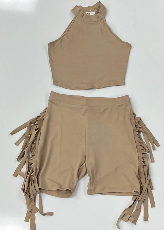 Mock Neck Crop Top & Side Laser Cut Short Set - Closet Space